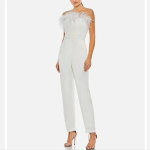 Mac Duggal STRAPLESS JUMPSUIT WITH FEATHER TRIM Size 8